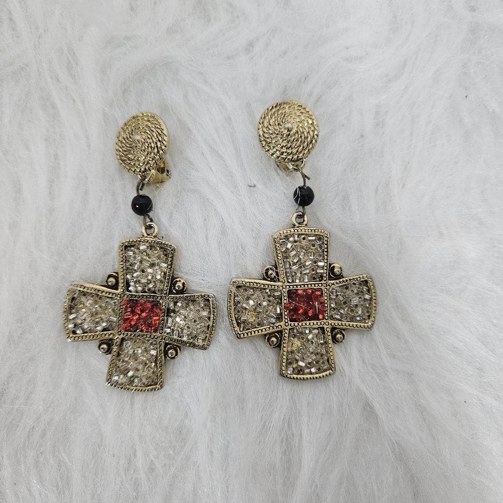 Vintage 80s Gold And Red Cross Drop Earrings